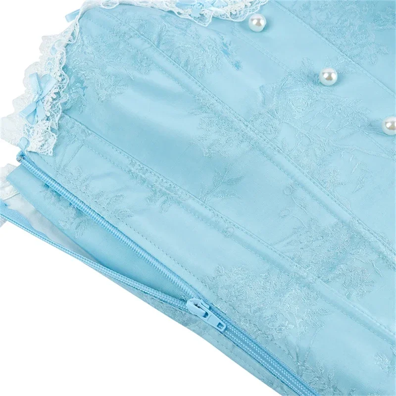 Sexy Sky Blue Vintage Jacquard Overbust Corset Pearl Buttons Lace Decorative Side Zipper Body Shaper Bustiers Tops