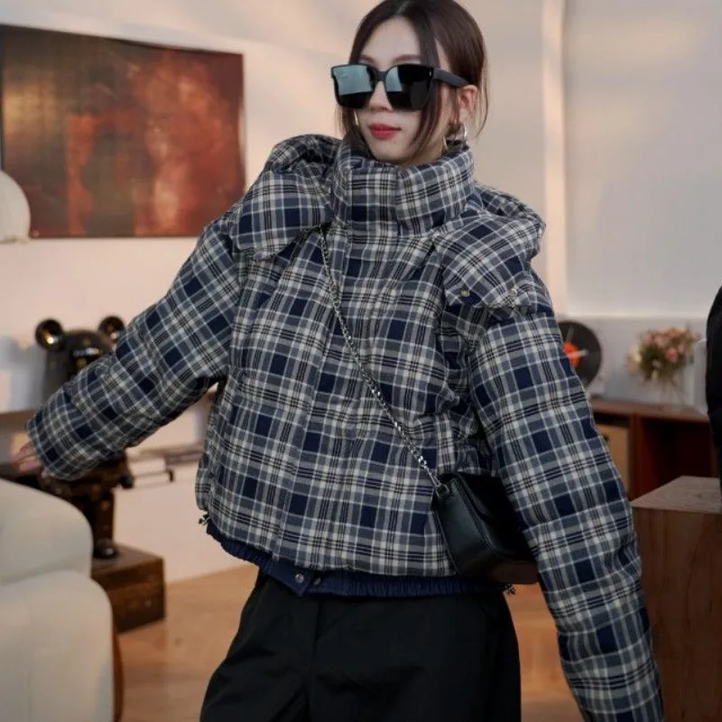 Winter Women Down Jacket Checkered White Duck Down Short Coat Warm Puffer Jacket Winter Coat Women Long-Sleeve Crop Top Y2k
