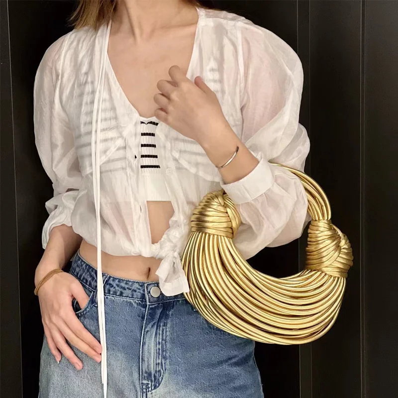 Bolso de mano dorado para mujer, bolsa de mano de diseñador de lujo, tejido a mano, con cuerda anudada, para noche, con boleros, 2024