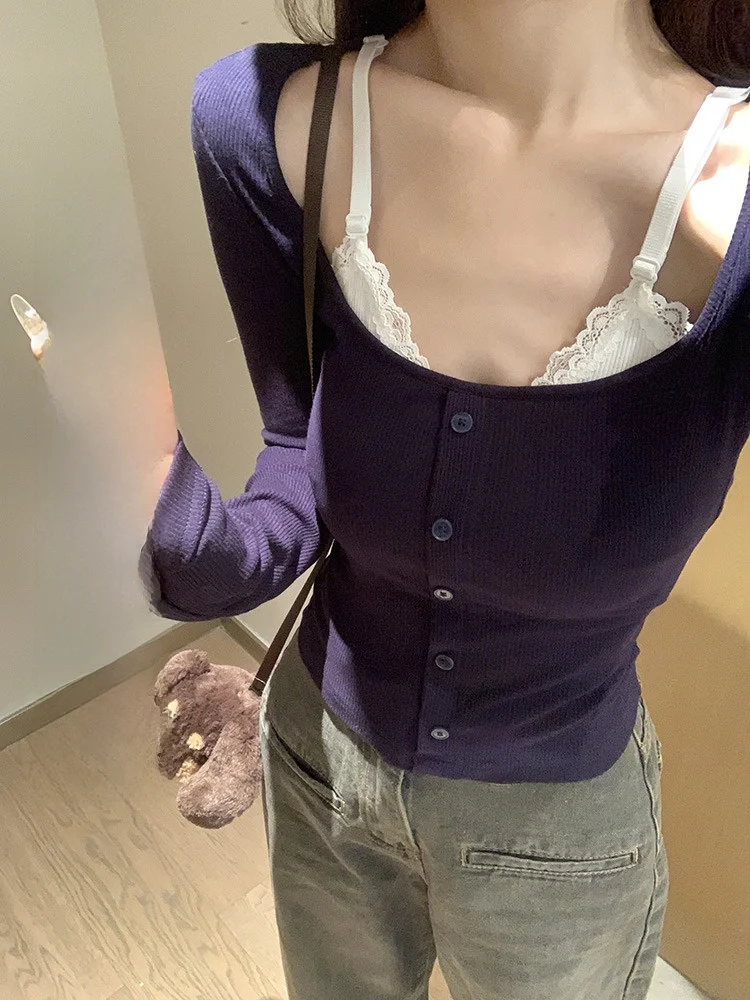 

Синяя кружевная длинная футболка Sve, женская ранняя осень, новый утягивающий сексуальный топ Miu System, корейский вязаный топ для поездок на работу