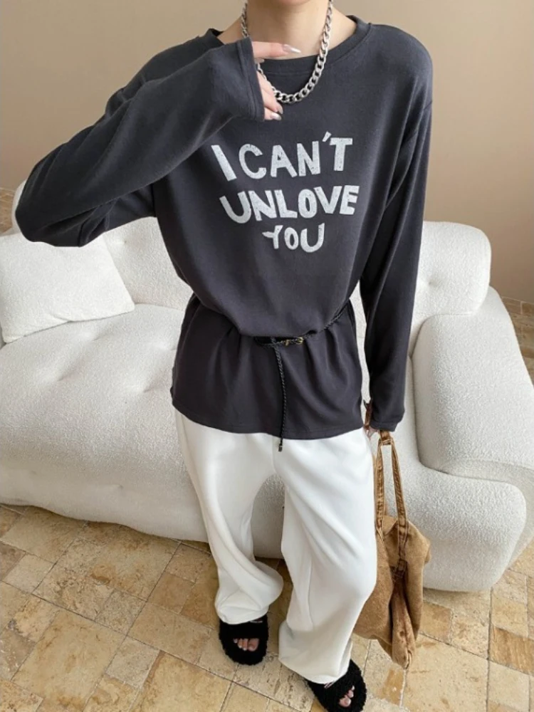 

Fashion Lazy Style Letter Printed White T-shirt 2025 Early Autumn New Tee Shirt O-neck Loose Long Sleeve Top for Women