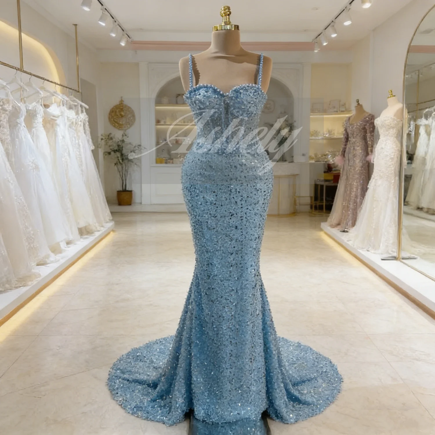 Echte elegante blaue Ballkleider mit langen Spaghettiträgern, Perlen und Pailletten, formelles Abendkleid für Damen, für besondere Anlässe, Hochzeit, Party, individuell gestaltet