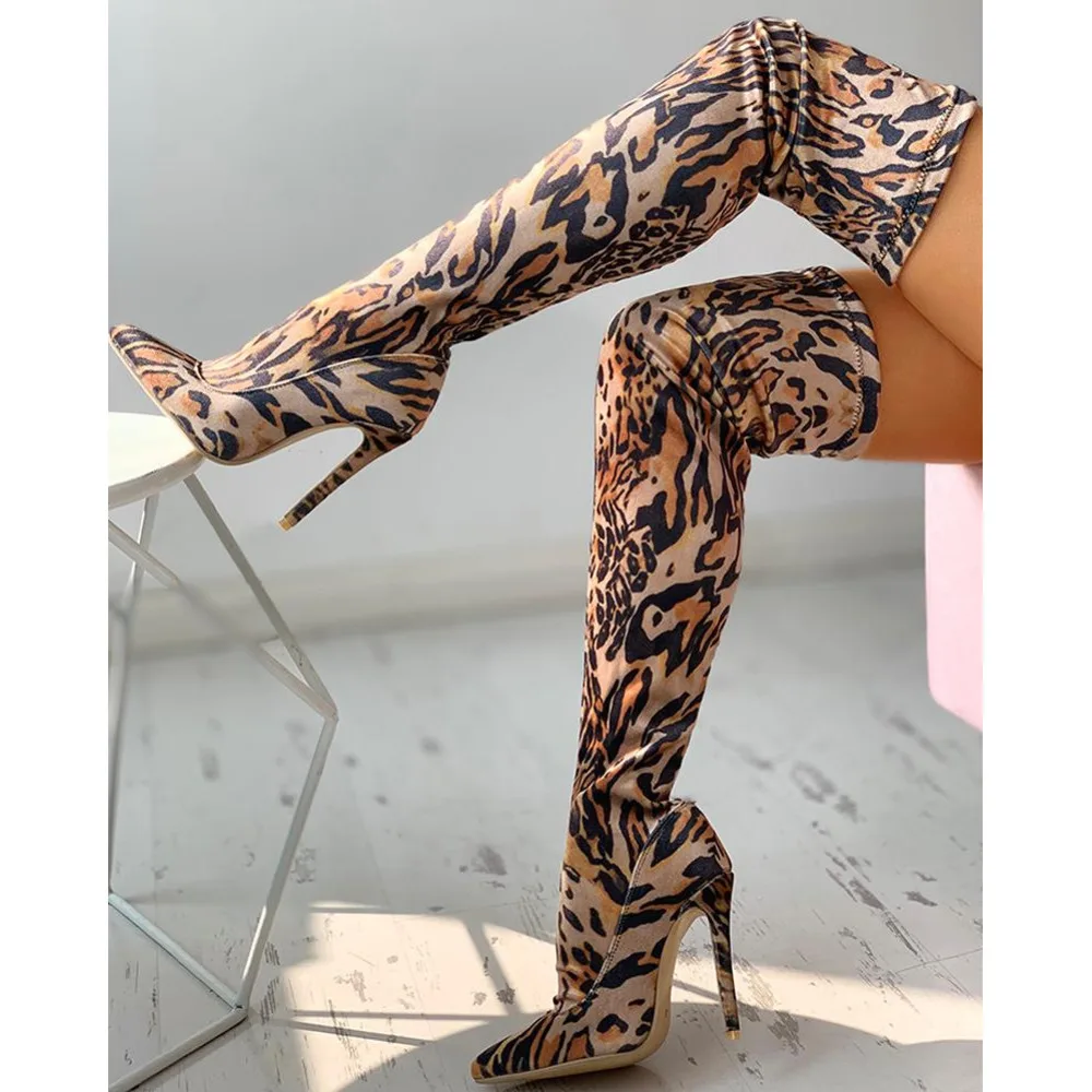 Sexy Leopard Print Elasticity Women Over The Knee Pointed Toe High Heels Lady Winter Thigh High Boots Cloth Shoe