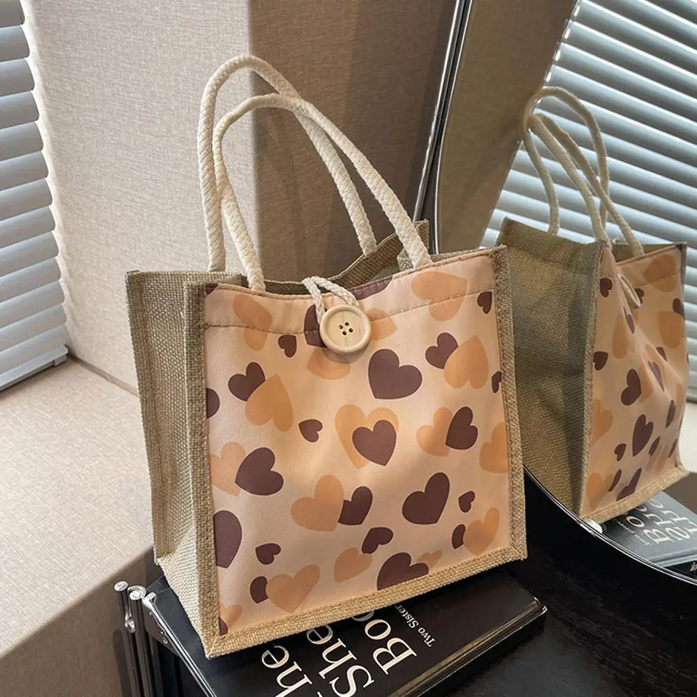 Fashion Women Linen Button/Zipper Tote Bag Love Heart Pattern Handbags Casual Female Portable Top Handle Shopping Bags Lunch Bag