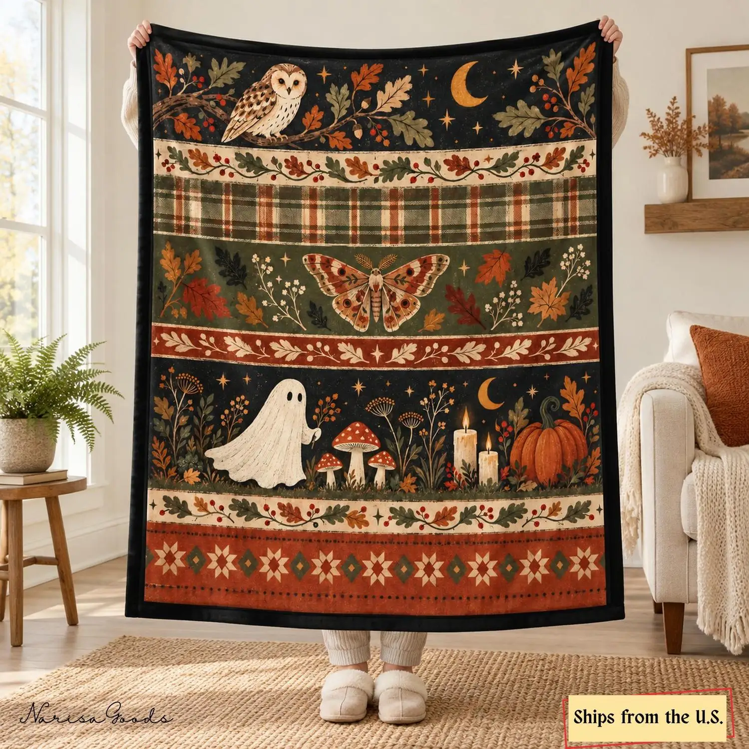 [Flannel Blanket] Pastoral Style Halloween Flannel Blanket, Ghost Mushroom Print, Owl and Moth Autumn Blanket, Vintage Plaid Forest Decoration