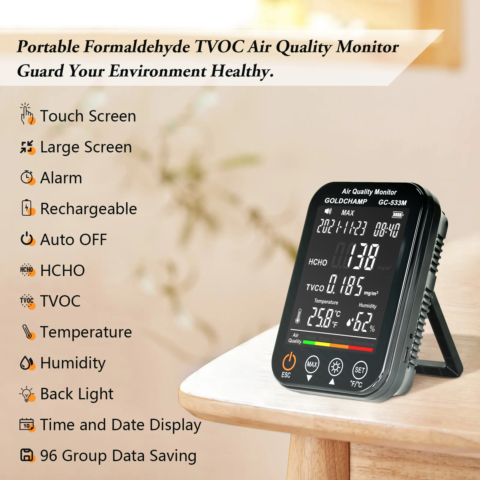 Portable Air Quality Monitor 4-in-1 Indoor Air Quality Monitor with HCHO, TVOC, Temperature (℃/℉) & Humidity Sensor