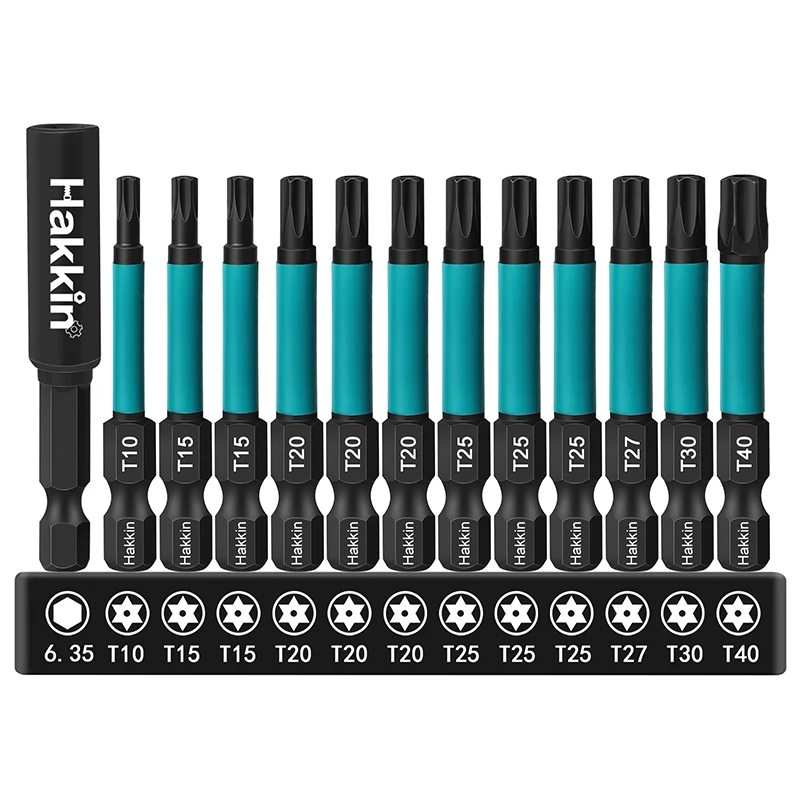 Set mata obeng Torx 55mm, 13 buah mata obeng tahan Tamper magnetik pisau Hex 1/4 inci dengan penahan Bit keamanan Torx Star