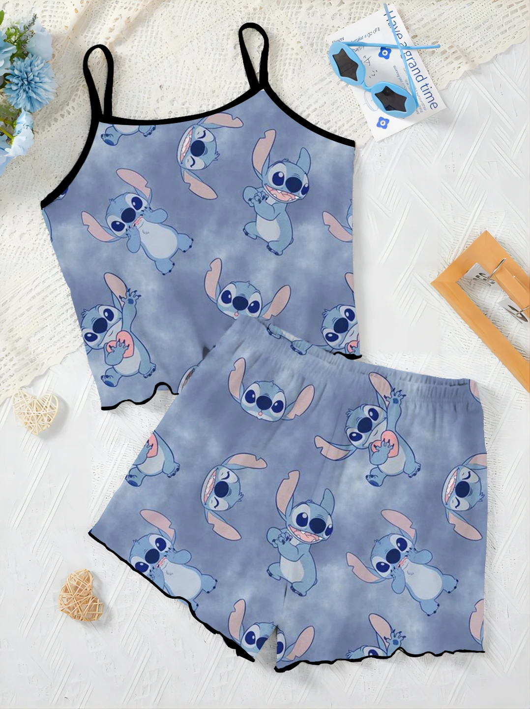 

2024 summer new Disney Stitch ladies new pajamas suspender print top casual shorts two-piece home clothes