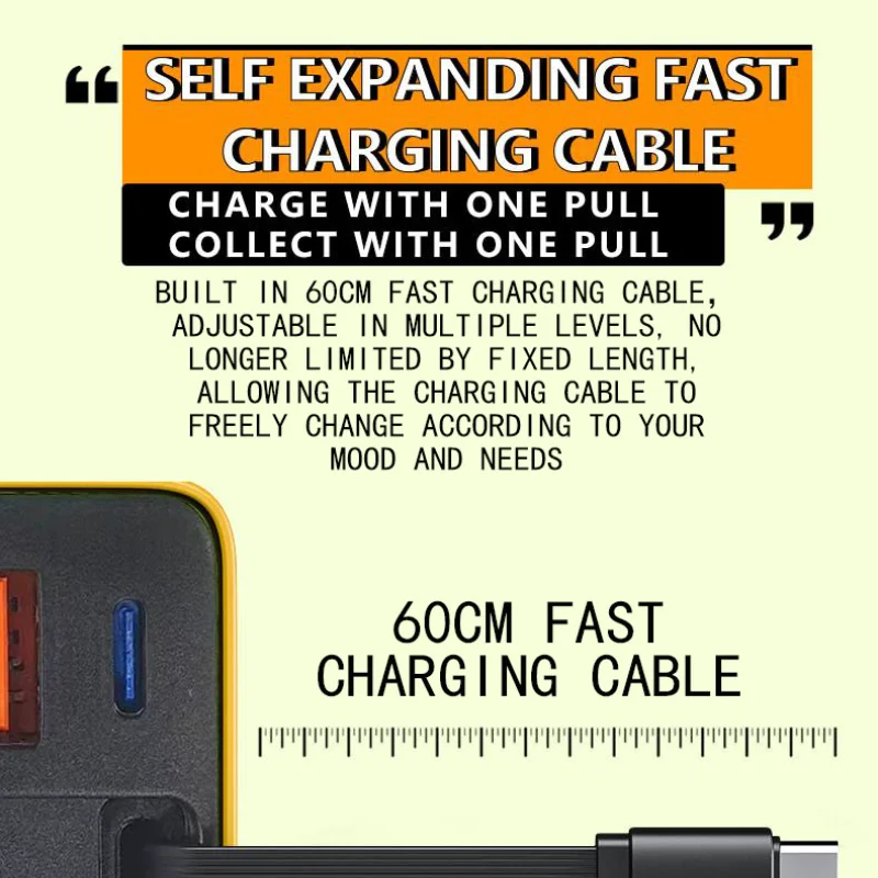 3 in 1 Phone Portable Adapter 80W MAX Fast Charger Phone Smartphone with Type-C Cable & 2 USB Ports Retractable Fast Charger