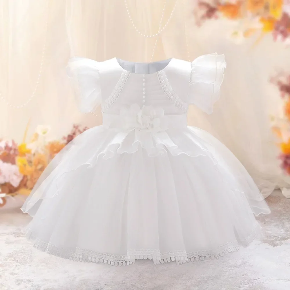 Toddler Party Summer Baby Girl Dresses White Bow Baptism 1 Years Birthday Princess Dress for Baby Girls Floral Wedding Prom Gown