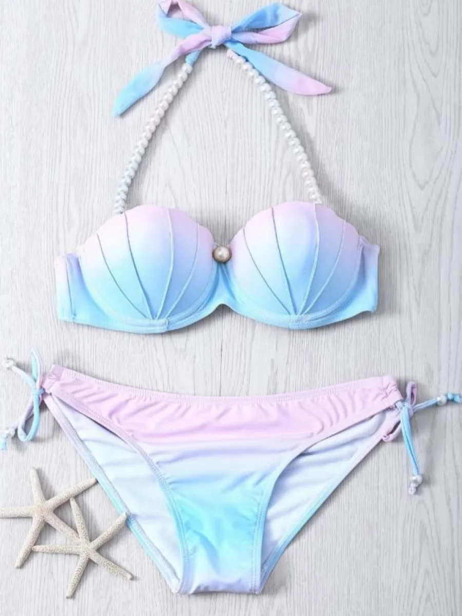 Letni strój kąpielowy Mermaid Kobiety Strappy Shell Bikini Sets Split Strój kąpielowy Sexy High Waist Push Up Shell Stroje kąpielowe Kostiumy