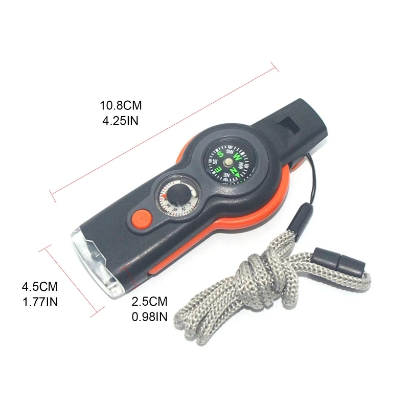 Multifunction 7 In1 Outdoor Survival Whistle Keychain with Compass Magnifier