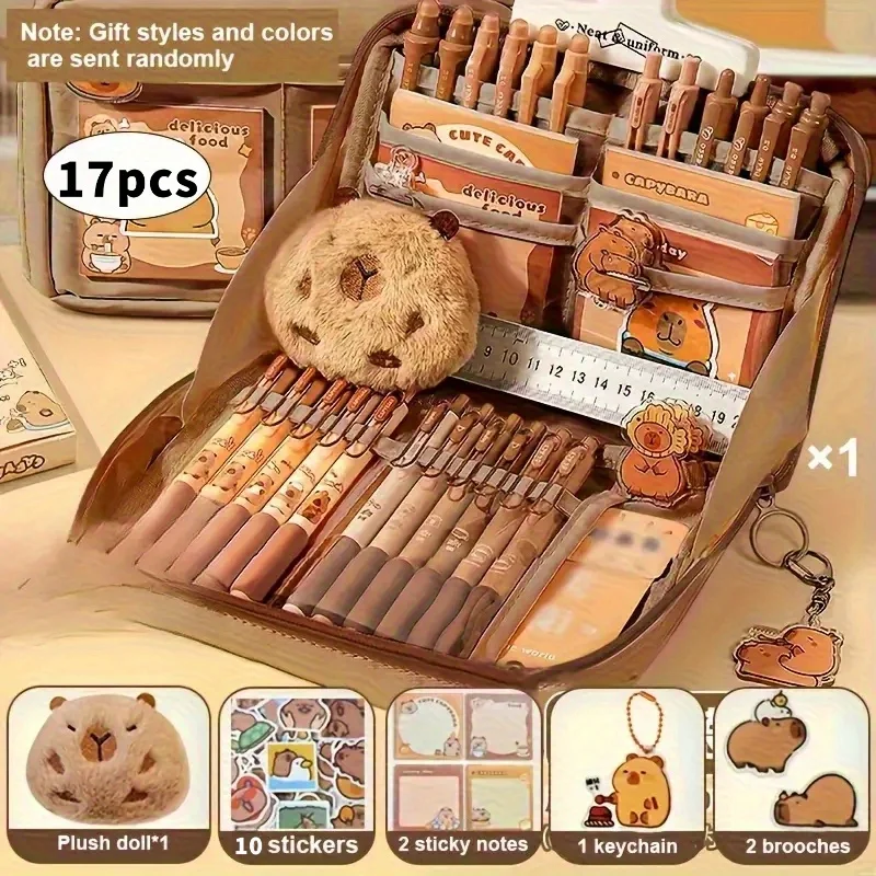 17pcs Capybara Stationery Set, Cute Capybara Pencil Case, Multi-Layer School Pencil Box with Stickers, Keychain, Brooch