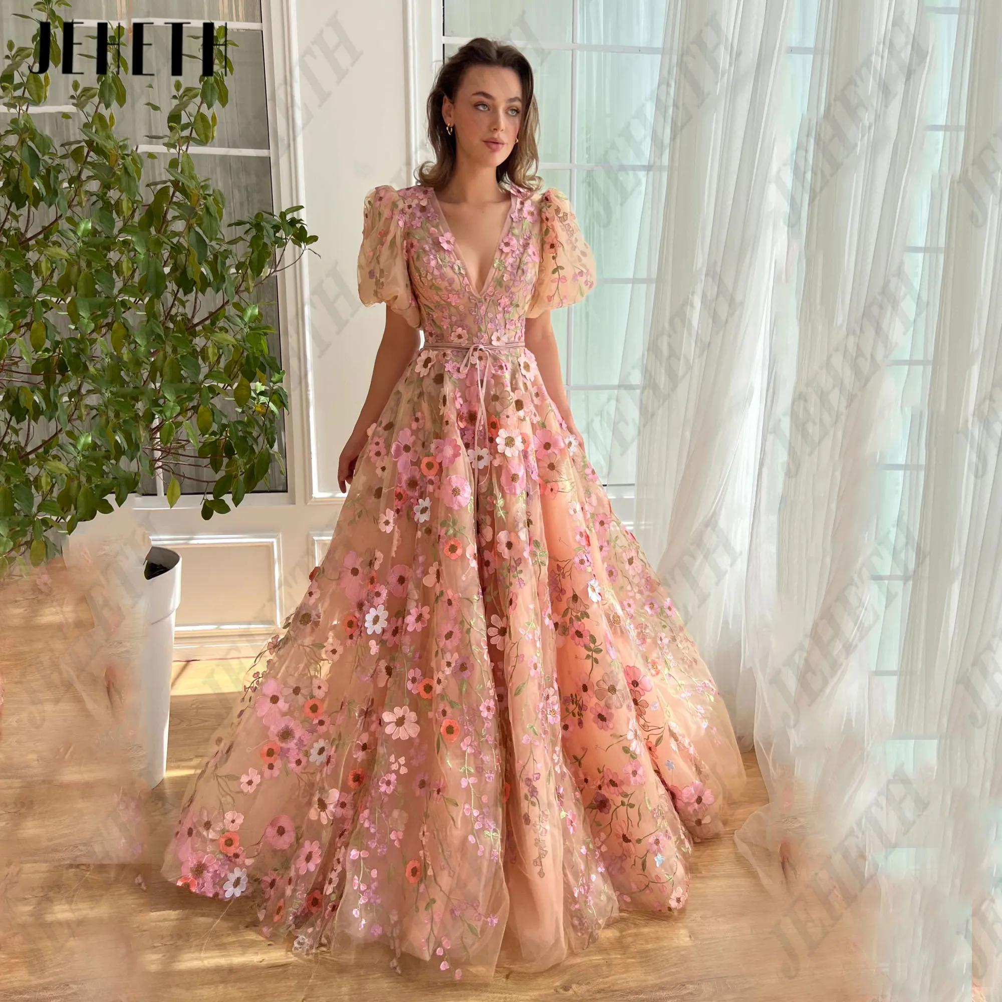 JEHETH Flowers Deep V-Neck Prom Dress Puff Sleeves A-Line Embroidery Long Party Gowns Woman Backless Custom Vestidos De Festa