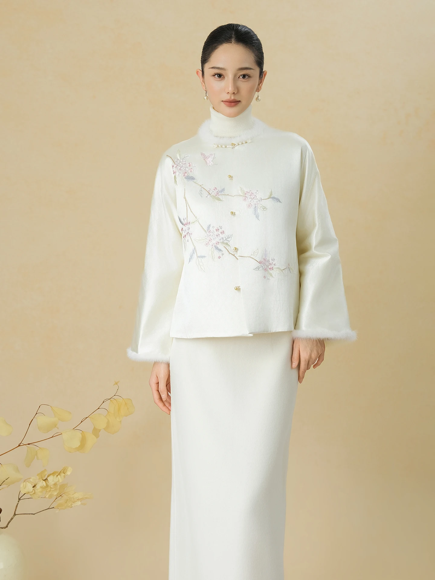 

Young Women's Cotton Jaet Embroidered Sandwich Cotton Chinese Sle Daily Wear Outerwear Loose Fit round Ne Long Sve