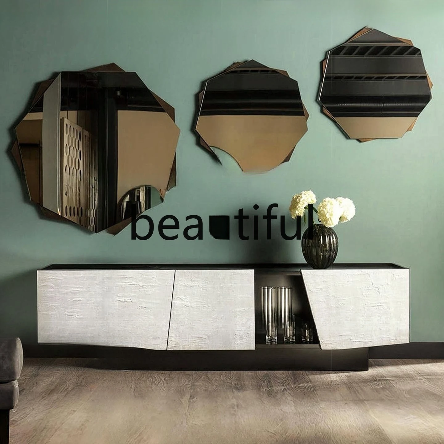 Italian solid wood TV cabinet floor light luxury, modern irregular, living room tempered glass locker