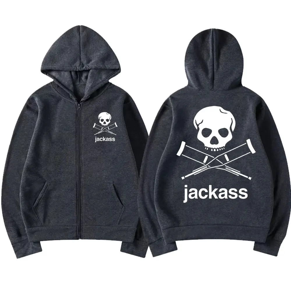 Jackass Logo Graphic Printed Black Zip Hoodie Classic Vintage Sweatshirt Coat Men Women Oversized Casual Loose Cardigan Hoodies