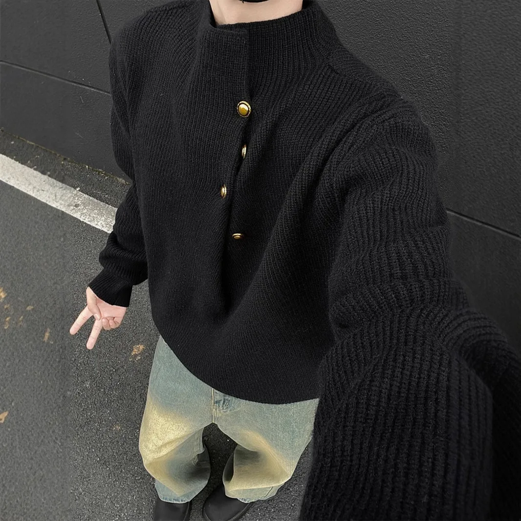 Women Knitting Sweater 2025 New Men's Korean Style Turtleneck Sweater Irregular Button Design Oversized Lazy Edgy Knit Top
