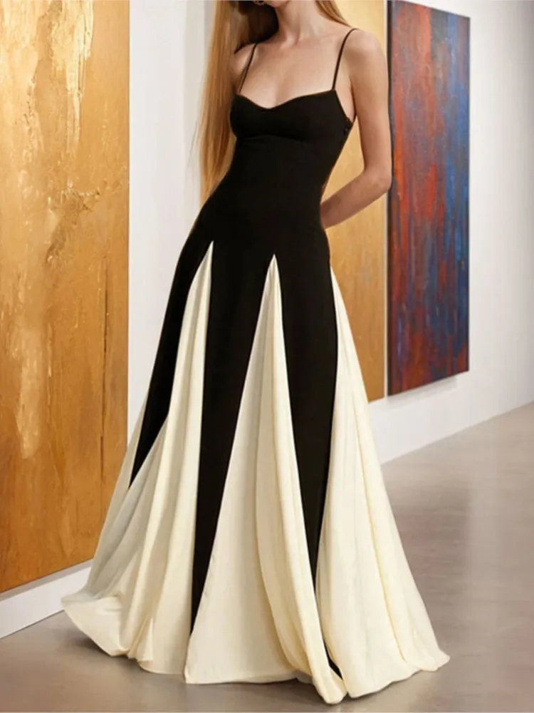 

New Contrast Color A-line Women's Sling Dress Elegant Sleeveless Backless High Waist Long Robe Chic High Street Banquet Gowns