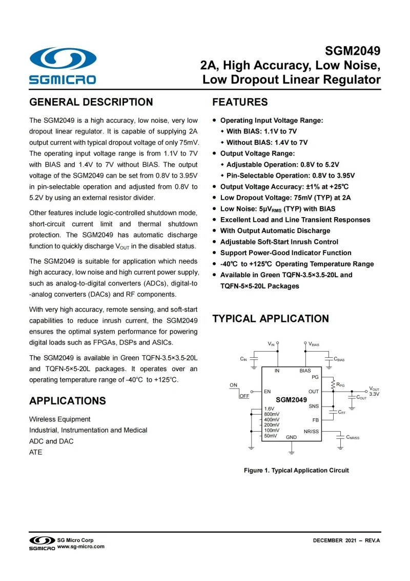 10Pcs/Lot SGM2049XTRL20G/TR TQFN-20,LDO 2A,High Accuracy,Low Noise,Low Dropout Linear Regulator,integrated circuit IC