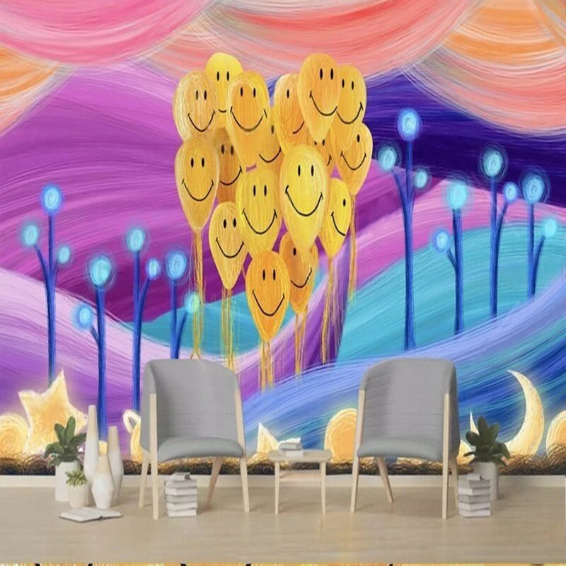 Hand-painted dreamy rainbow sky forest balloons smiling Internet celebrity TV luxurious home decoration background wall