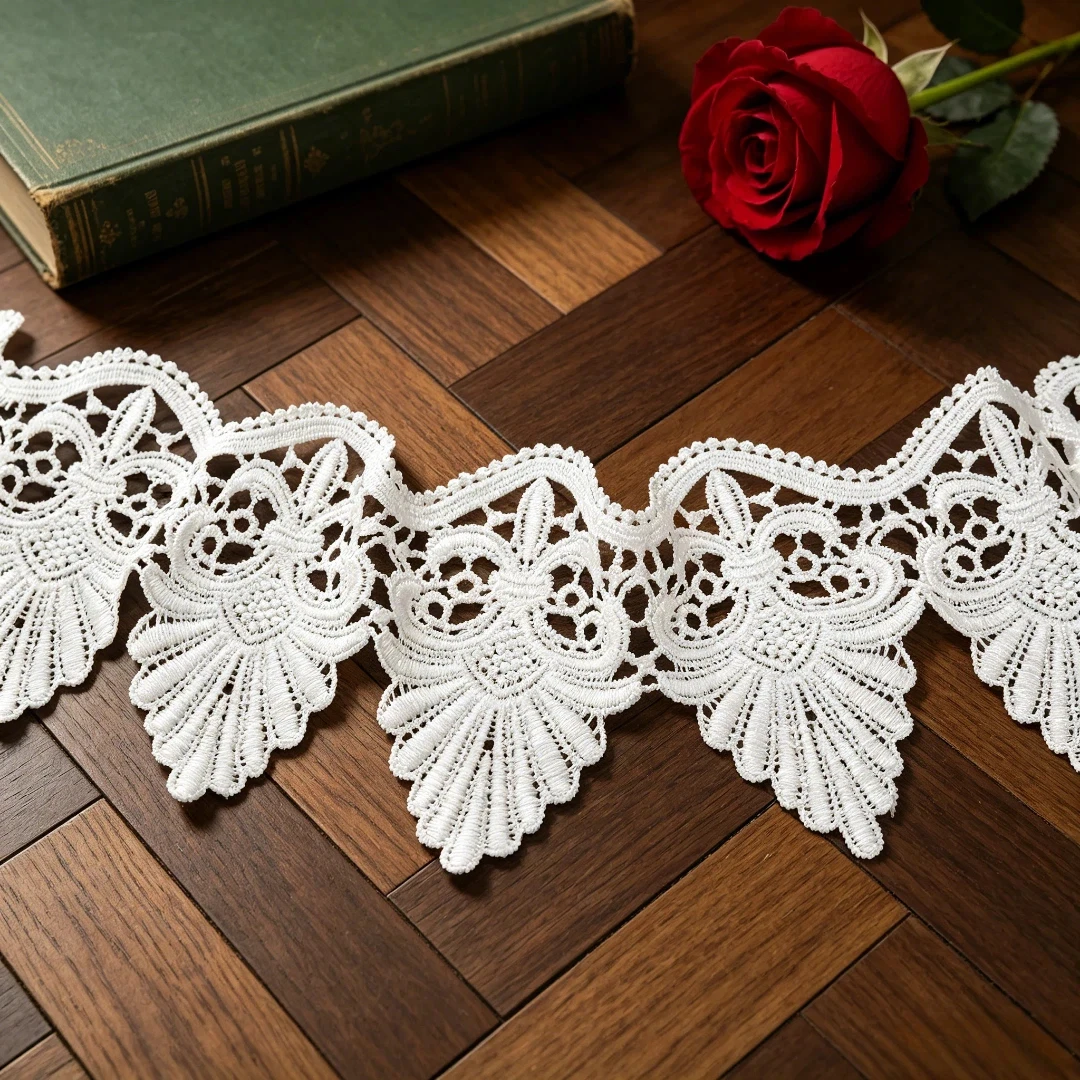 Floral scalloped hollow lace trim, 4.3 inches wide, embroidered edging for wedding dress & DIY sewing