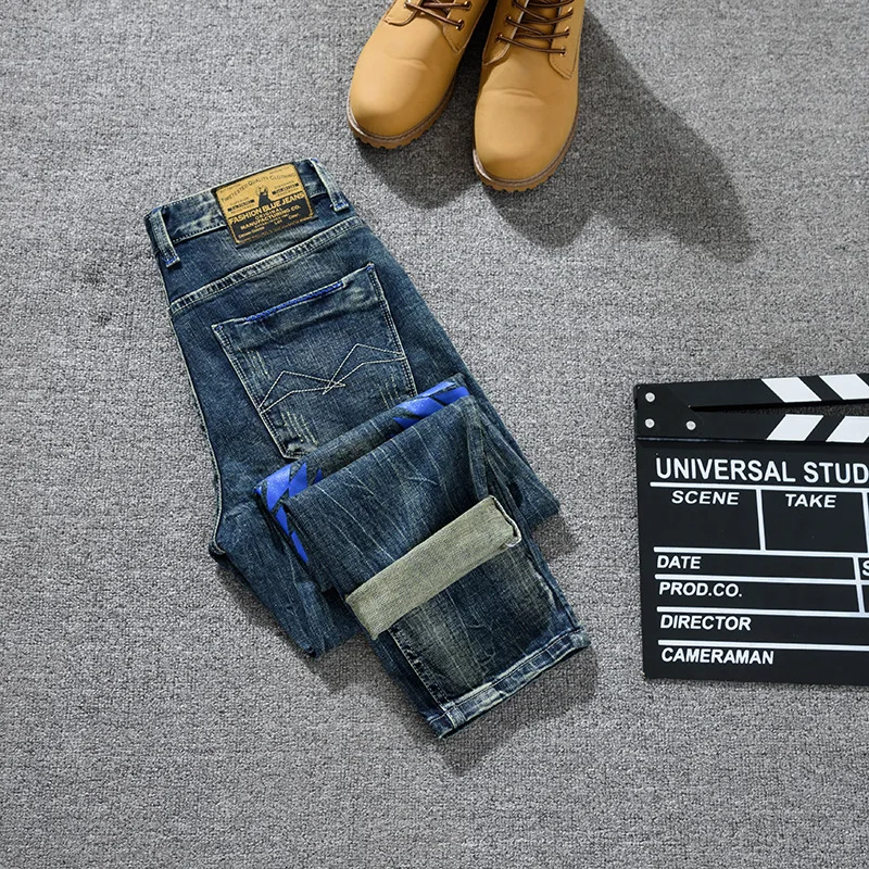 Vaqueros de estilo coreano a la moda para hombre, tubo recto pequeño ajustado, estilo retro vintage, pantalones vaqueros lavados fluidos