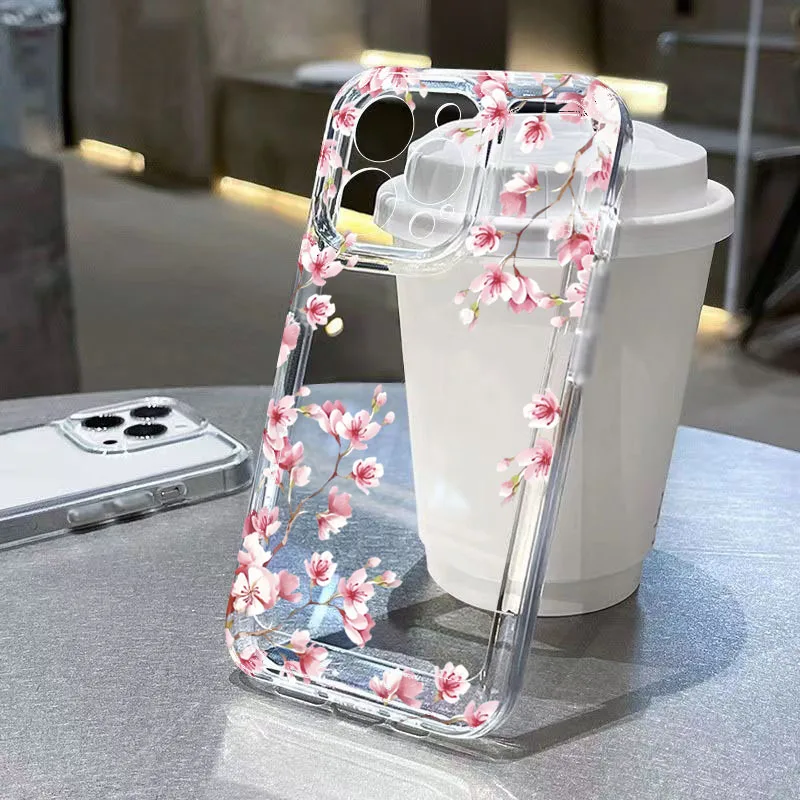 

Pink Flower Design Transparent Phone Case For iPhone 17 Pro Max 16 15 14 13 12 11 XS X XR 7 8 Plus 16E Shockproof Soft TPU Cover
