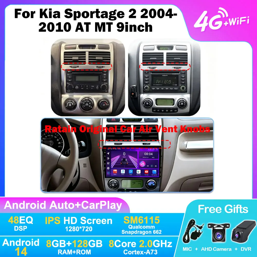Android 14 Car Radio For Kia Sportage 2 2004-2010 AT MT 9inch Carplay Autoradio GPS Navigation 4G Wifi 8Core Multimedia Player