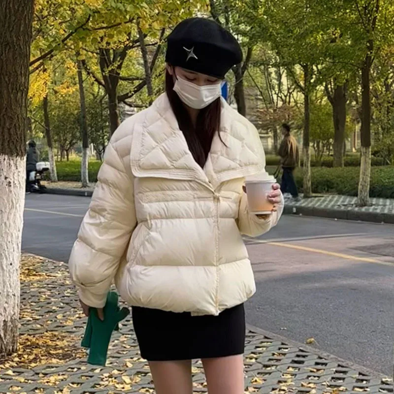 Short Lightweight Down Jacket for Women, Large Lapel, White Duck Down, Thick Warm Overcoat, Casual Parkas, Fashion, Temperament