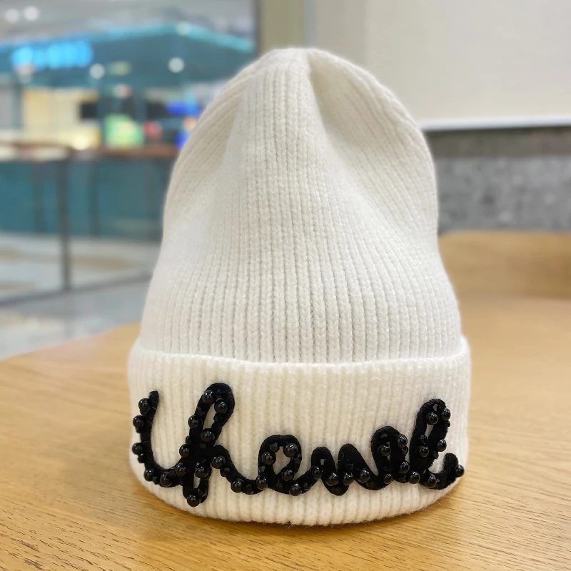 Beaded Letters Woolen Hat Fashion Solid Color High Elastic Beanie Women Hat Autumn Winter Warm Thicke Ear Protection Knitted Hat