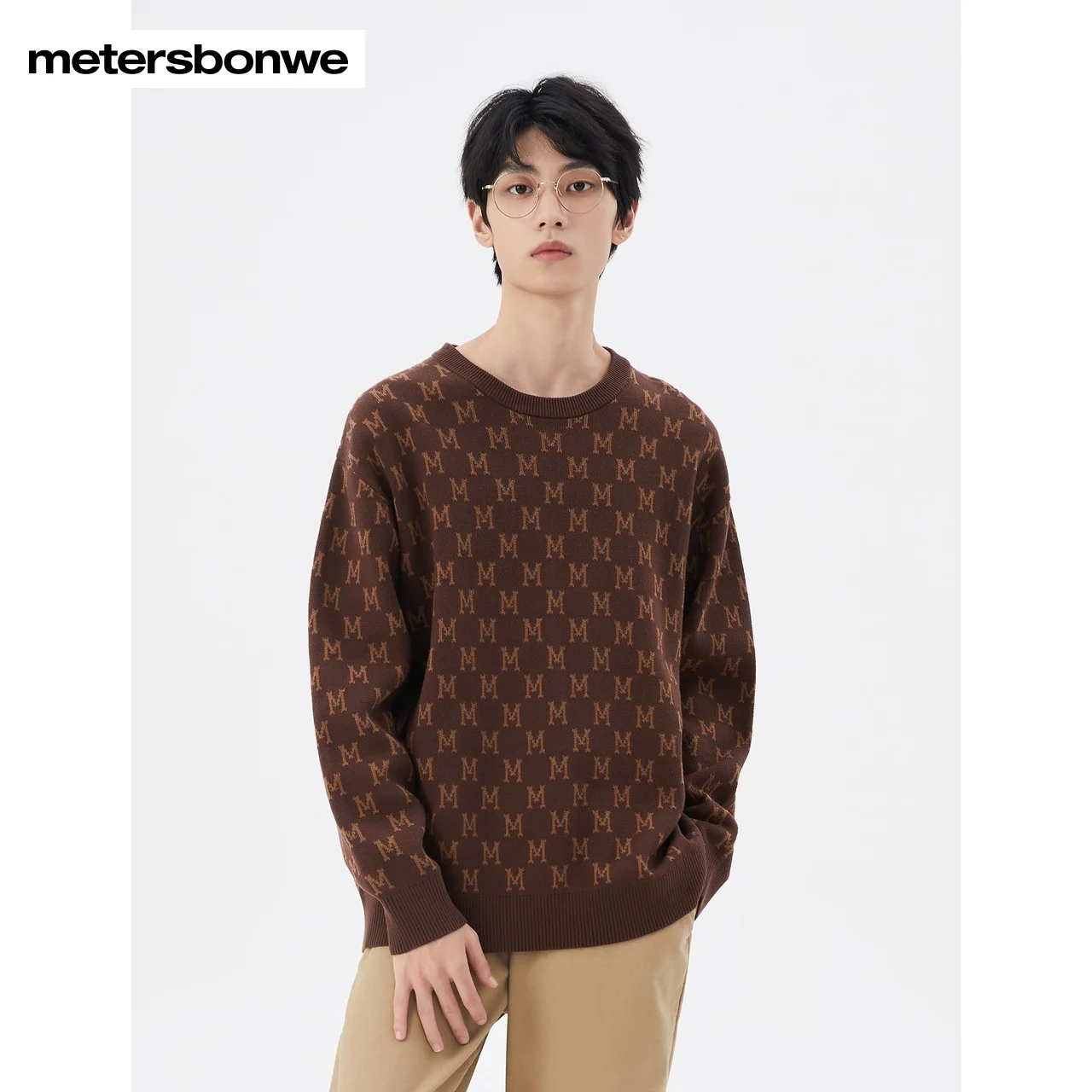 

Metersbonwe-Men's Color Clash Full Letter Jacquard Sweater Jumper Round Neck Loose Pullover Comfortable Soft Warm Winter