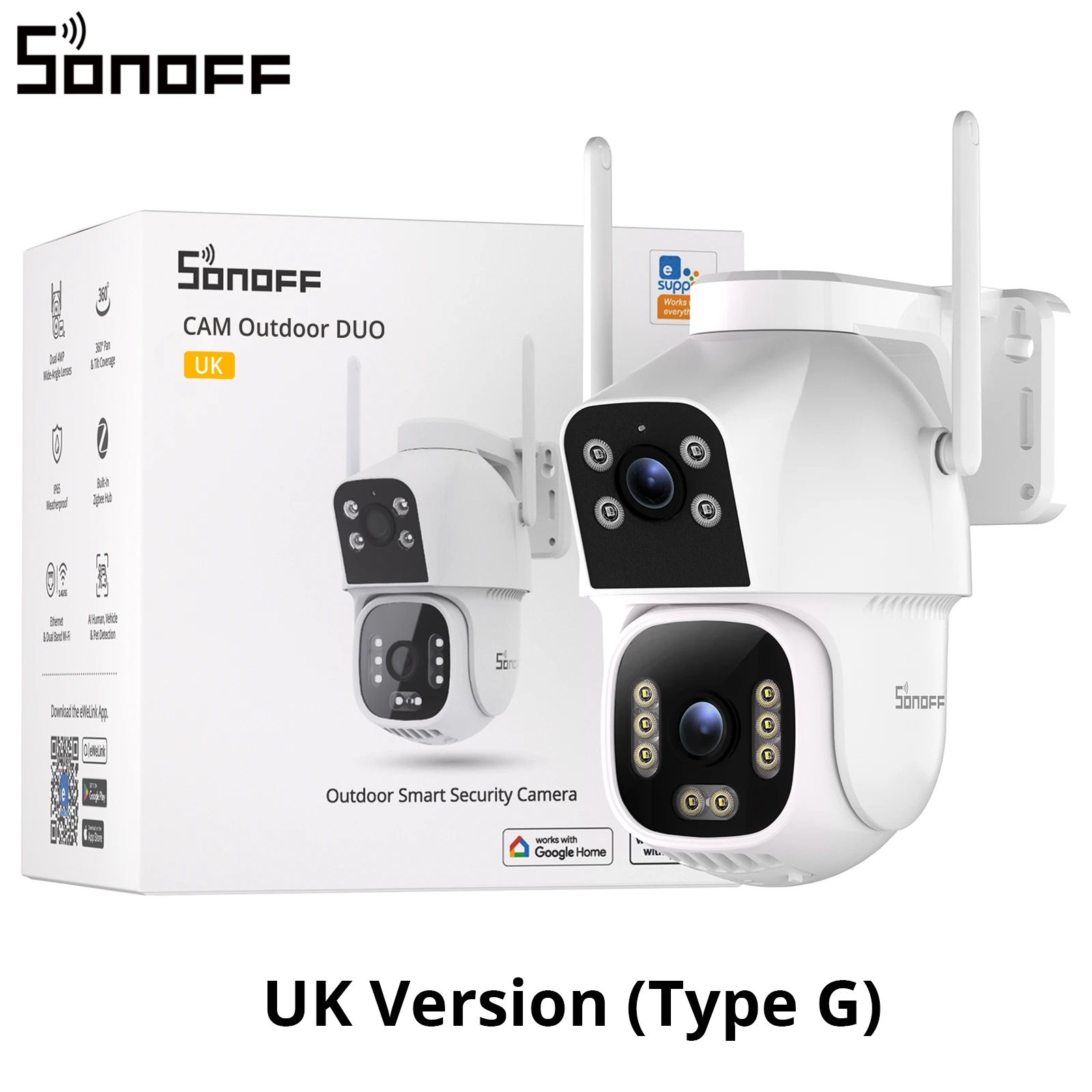 SONOFF CAM Outdoor DUO: slimme beveiligingscamera voor buiten, met Zigbee-hub, dubbele 4MP-lens, full-color nachtzicht, WiFi en Ethernet – CAM-C44HE.