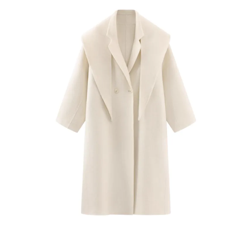 Elegant Wool Double Faced Coat Double Breasted Long Overcoat for Women Autumn Loose Fit Outerwear Classic Minimalist Warm Jacket