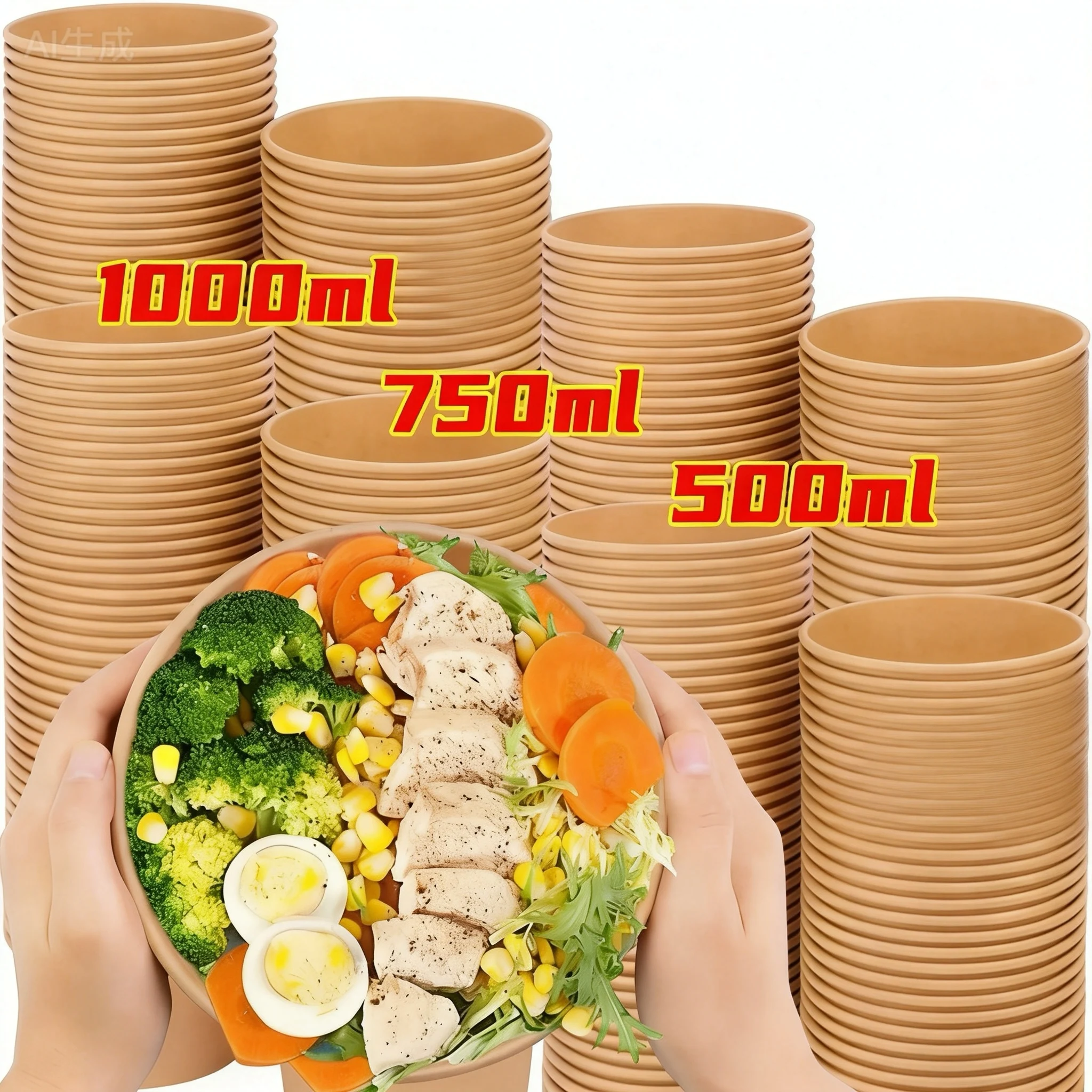 25pcs Round Paper Bowls with Lids Kraft Disposable Bowls for Hot Soup Salad Noodles Ice Cream Food Packaging Lunch Boxes