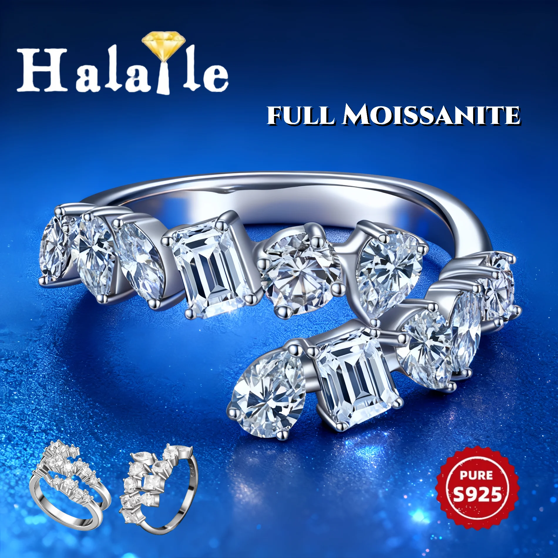

Halaile 4mm All Moissanite Adjustable Row Ring S925 Sterling Silver For Men Women Stackable Sparkling Fine Jewelry Fashion Gift