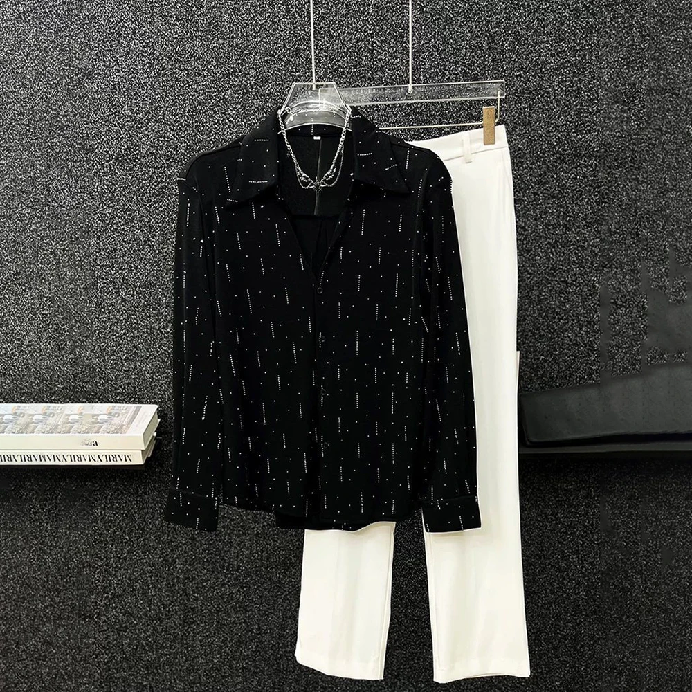 2025 Summer New Men's Hot Diamond Long Sleeve Shirt Korean Fashion Trend High Street Loose Niche Breathable Casual Men's Tops