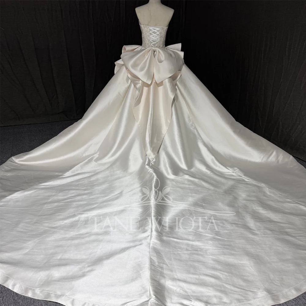 Strapless Sleeveless Beaded Sequined Lace-Up Back Bow Customized Wedding Dress Elegant Vestido De Casamento