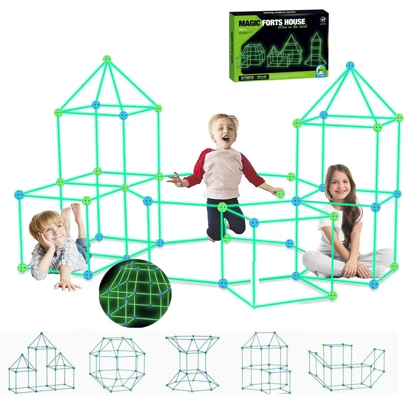 Children's 3D Glow Construction Toy Fort Building Kit Play Tent Fortress Child Game Tents Fort Build Indoor/Outdoor Toys Gift