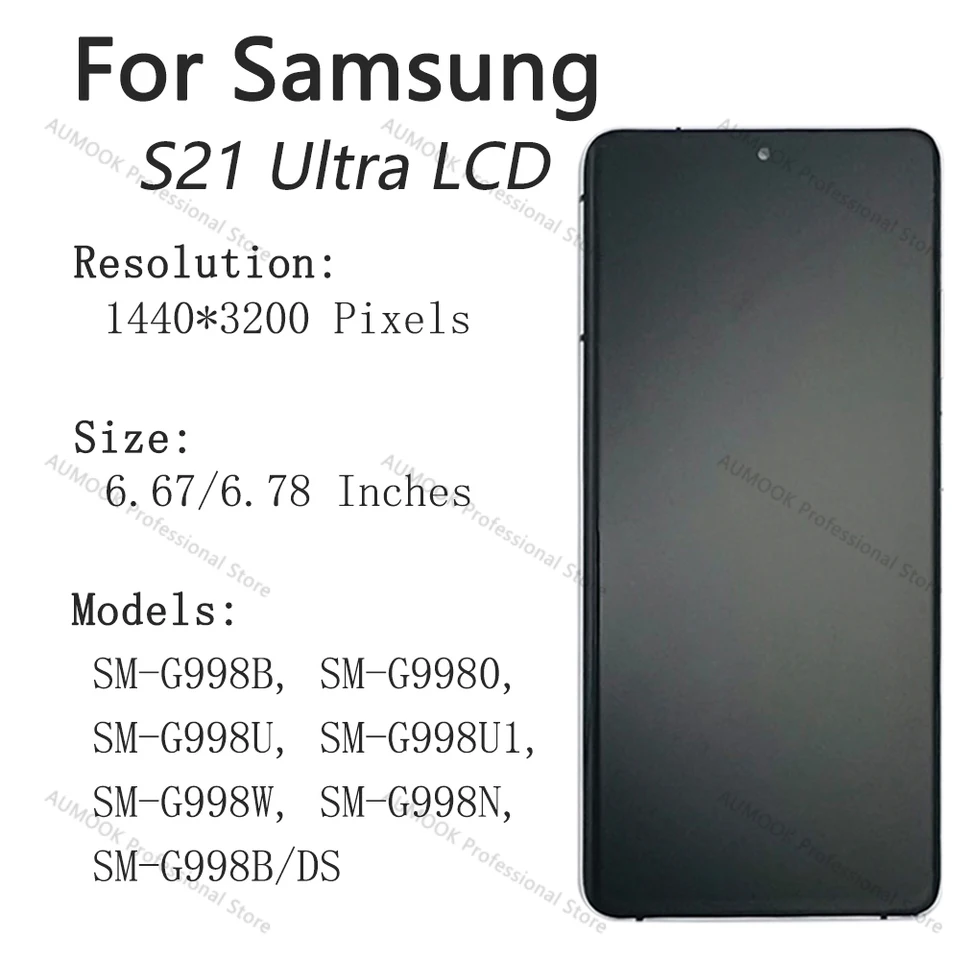 Voor Samsung Galaxy S21 Ultra 5G LCD-scherm, voor Galaxy S21 Ultra 5G LCD Display, Touch SM-G998B SM-G998U G998B/DS G998U1 digitaliseerapparaat, glazen paneel, montagekit (zwart met frame