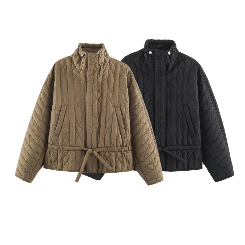 Damen-Freizeitjacke aus Baumwolle in Unifarbe mit Stehkragen, einzigartigem Designer-Look, Kordelzug in der Taille, lockerer Schnitt, Damen-Reißverschluss-Oberbekleidung – Detail 3