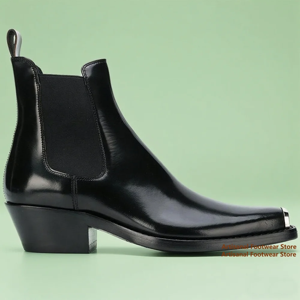 

Metallic Toe Chelsea Boots Men Elastic Band Men's Genuine Leather Square Toe Boots Luxury Handmade British Trend Men Shoes