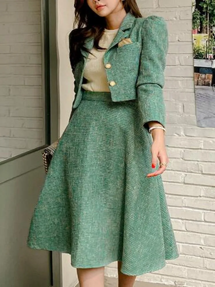 SMTHMA elegante giacca di lana Tweed e gonna lunga due pezzi Set donna autunno inverno vestito stilista Green Party Outf