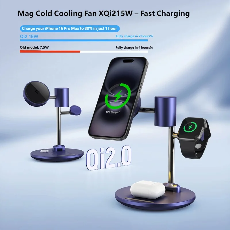 Qi2.2 25W 3 in 1 Magnetic Wireless Charger Stand TEC Active Cooling Fast Charging Dock for iPhone 17 Samsung Galaxy Watch AirPod