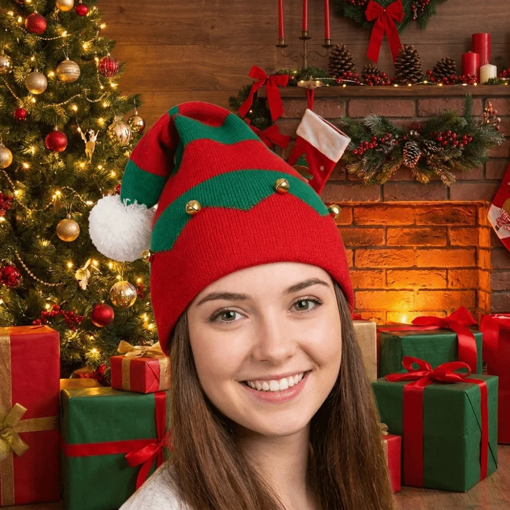 Geschenk Frohe Weihnachten Mütze Weihnachts-Strickmütze Warme Grün-Rote Santa-Mütze Plüschball Koreanischer Stil Wollmütze Frohes Neues Jahr – Detail 11