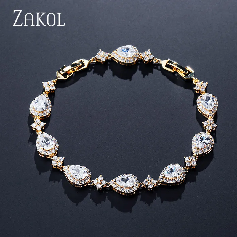 ZAKOL Trendy White Gold Color Cubic Zirconia Stone Big Water Drop Shape Bracelet & Bangle For Women Party Jewelry FSBP2014