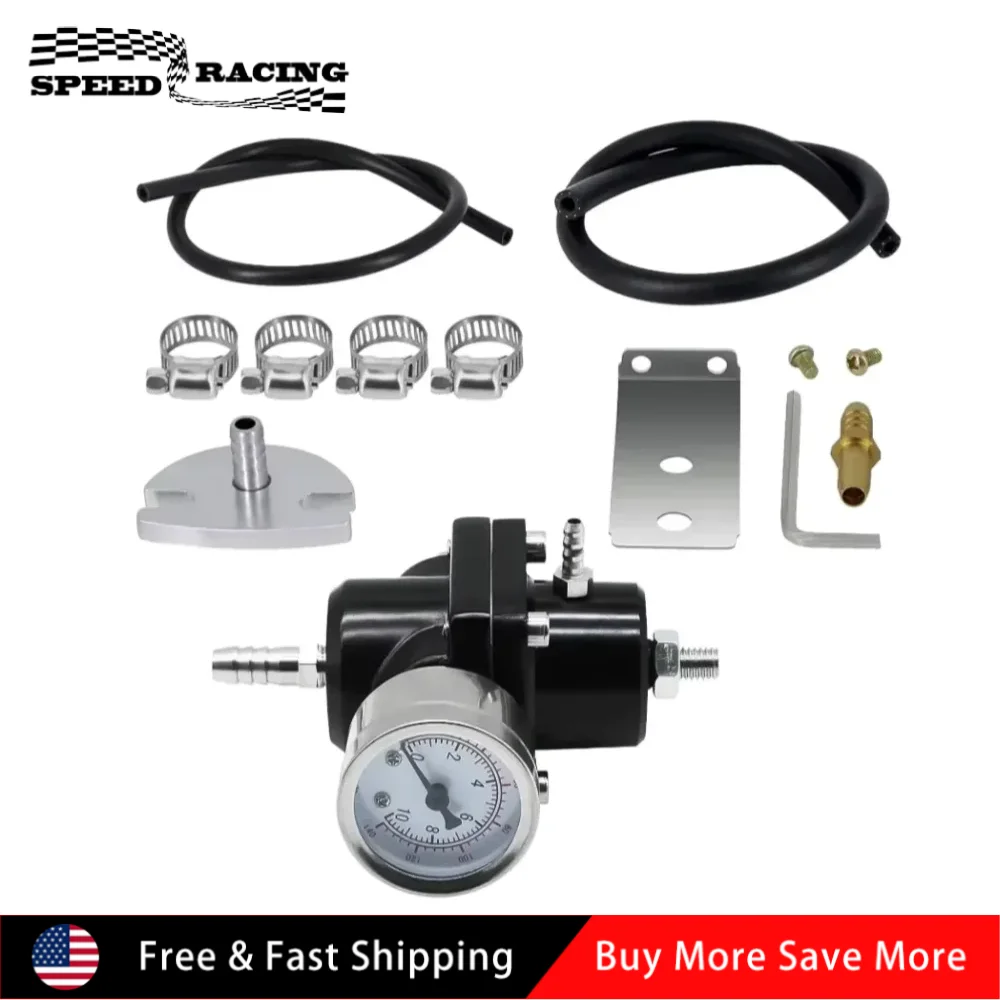 Regulador de presión de combustible de aleación de aluminio ajustable y duradero + manómetro + kit de accesorios plateado, negro, rojo, azul para vehículos