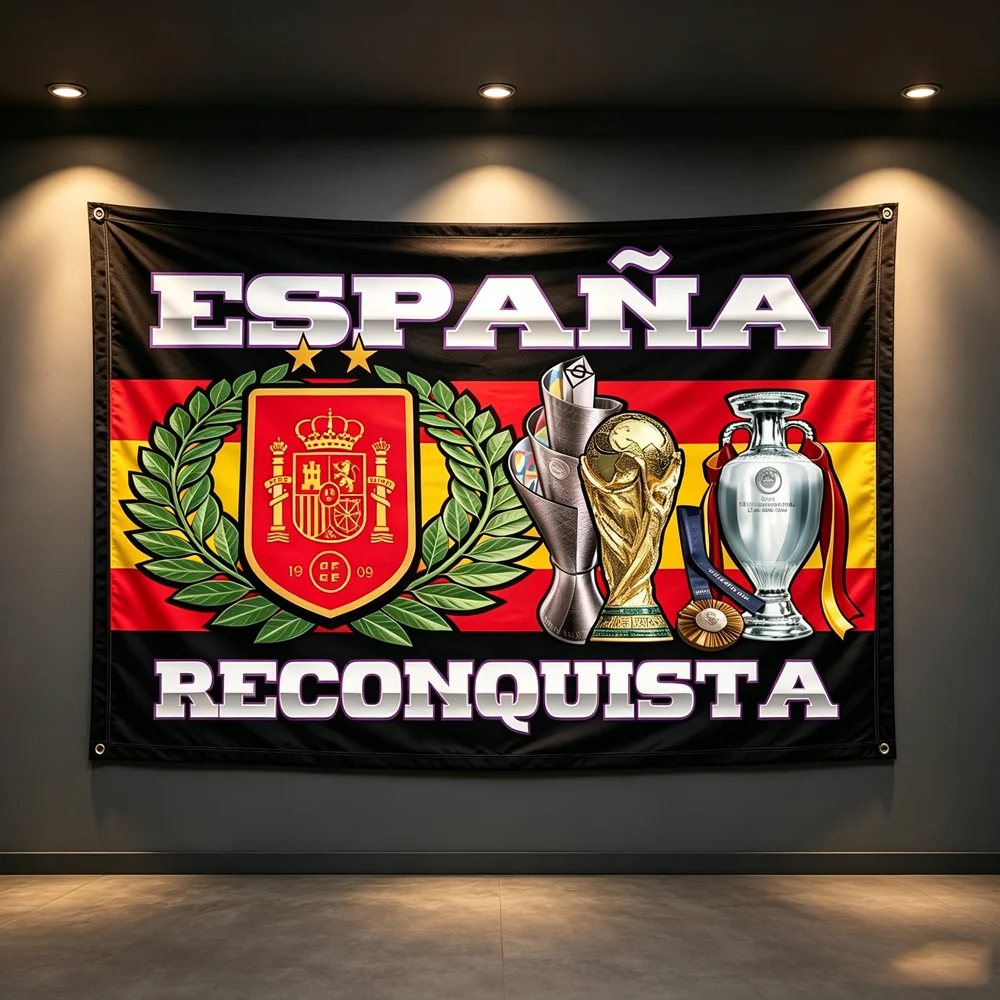 Spain Espana Reconquista Football Championship Flag 3x2ft Soccer World Cup Euro Trophy Banner/ Fan Home Wall Decor for Match Pa