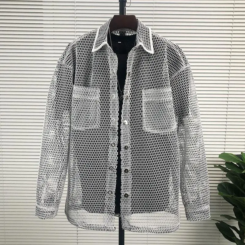 

Net Celebrity Hollow Men's Jacket 2024 New Spring and Summer Loose High-end Long-sleeved Trendy Breathable Mesh Shirt Male Tops