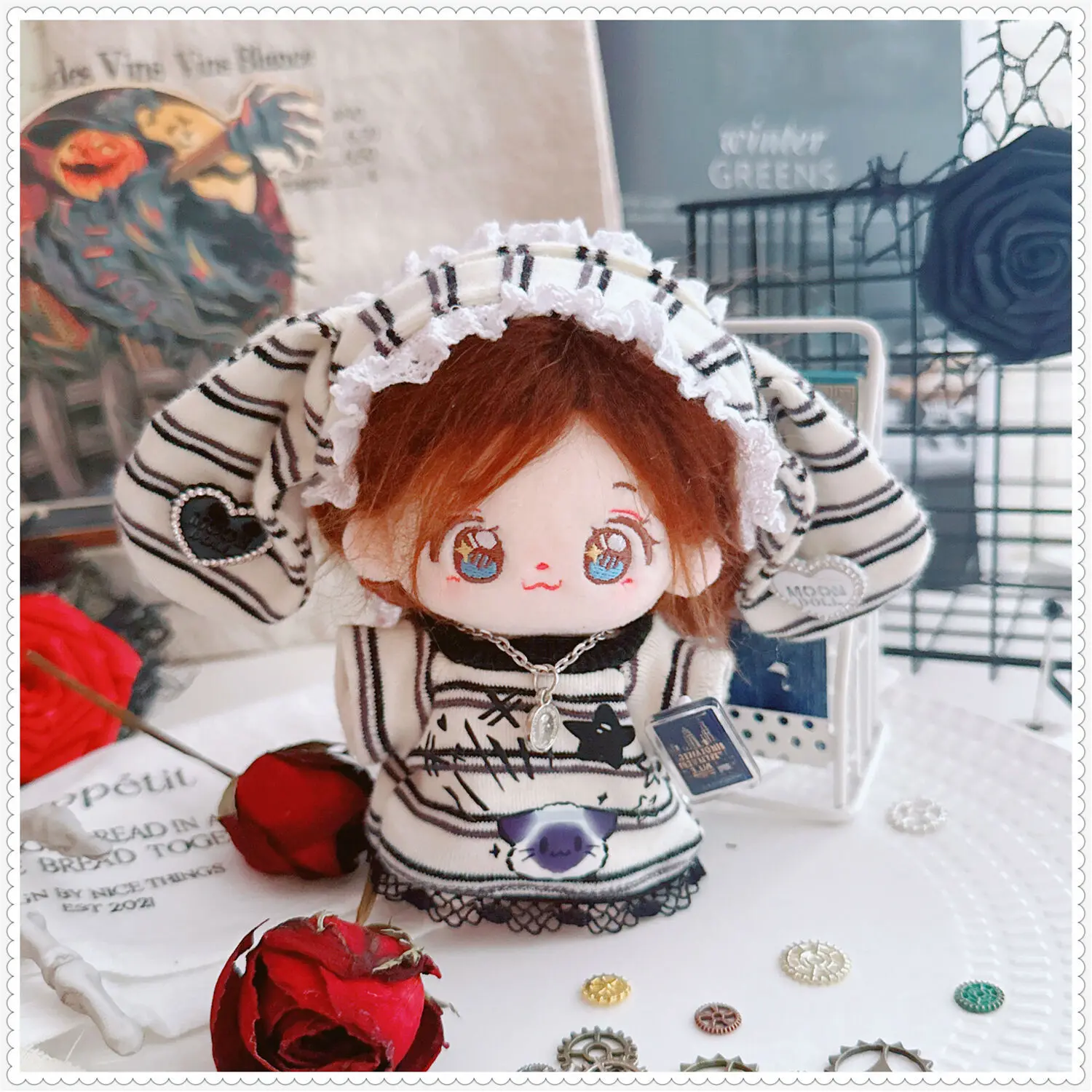 

Cute Cartoon Black Striped Lace Bunny Set Idol Doll Clothes 10-17cm Plush Doll Clothes Accessories Toys for Girls Gifts